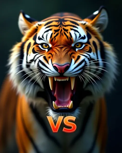 A hyper-detailed, ultra-realistic close-up of a snarling tiger with its mouth open, sharp teeth fully exposed. The tigers fur is intricately textured, highlighting its vibrant orange, black, and white striped coat. The expression is aggressive and intense,...