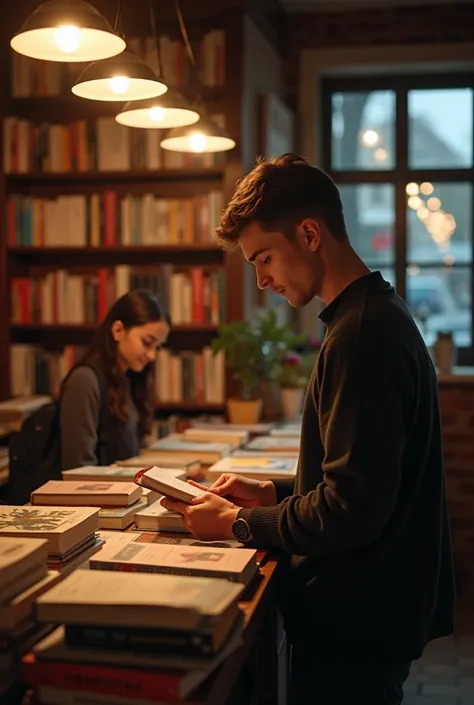 A young man returns to a bookshop, browsing intently for books. A young woman behind the counter watches with a soft smile as she arranges more books. Warm lighting fills the space, and the atmosphere feels romantic and quiet.