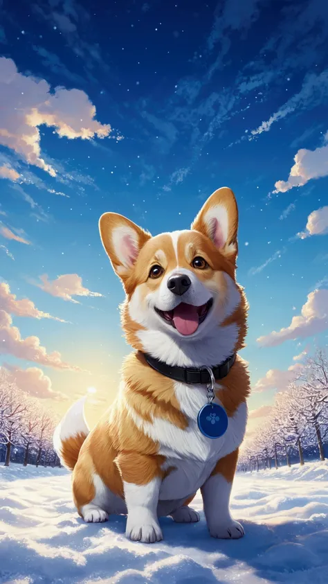 Shinkai Makoto taste , Beautiful sky, winter, snow is falling , Corgi puppy , Shinkai Makoto anime taste,Wide angle
