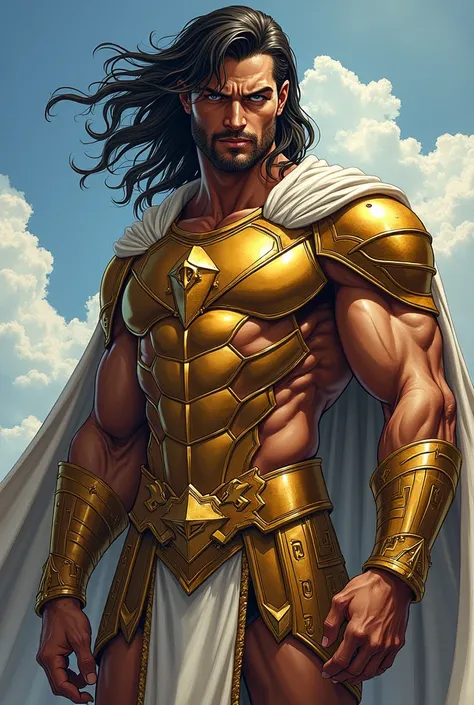 Draw a man in an American comic,  he has an imposing presence . . His height is approximately 1 .90 meters,  with an athletic and well-defined build , , the result of his training with mythical warriors .  His skin is of a warm tone , tanned,  and he has a...