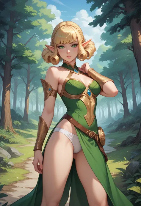 8k, best quality, masterpiece, highly detailed, semi realistic, a elfess, 20 years old, looking at hands, long blonde hair with bangs, curly hair, green eyes, elf style cut clothes, white panties, bare shoulders, golden details, thin figure, cold expressio...