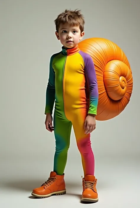 A full-bodied boy wearing a snail lycra suit with bright yellow, green, orange and violet colors combined with a high collar ,  long sleeves ,  with a large orange snail shell on her back and a snail makeup to disguise snail-style shoes