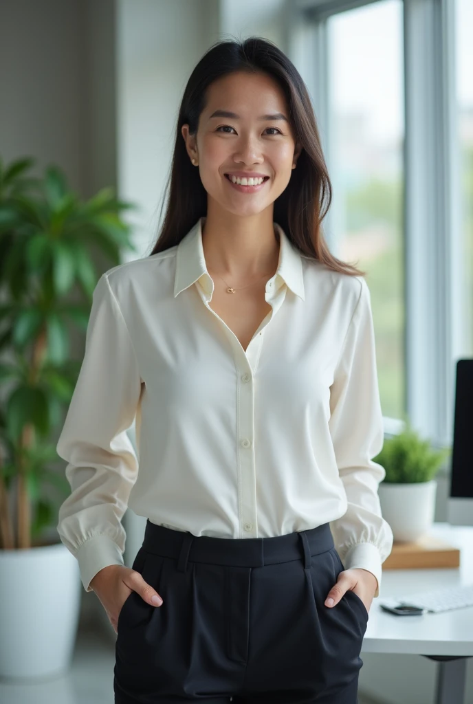 A Thai woman, around 40 years old, dressed in a smart and professional office outfit. She is wearing a tailored blouse and trousers, with minimal makeup and neatly styled hair. The background shows a modern office setting with a clean desk, computer, and o...