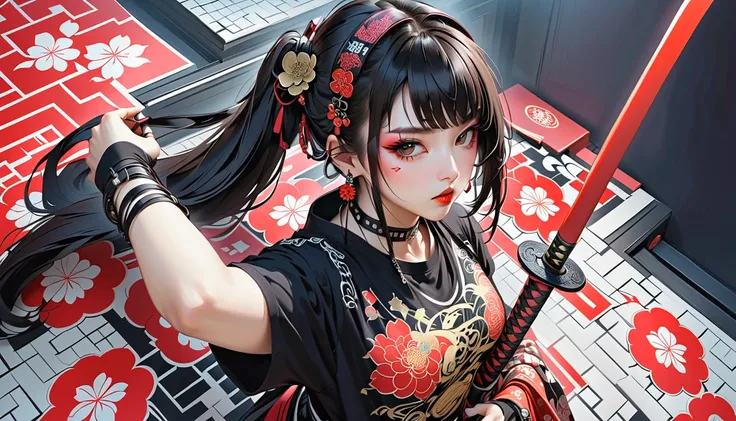 (masterpiece, ultra detailed,best quality,(((from above))), (((1 female))), (((Japanese pattern t-shirt))), (((punk))), (((Very flashy makeup))), (((Japanese pattern tank top))), ((samurai sword at back )), Japanese style headphones, sword at the back Japa...