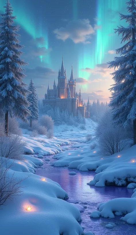 A dreamy and magical winter scene in a fantasy world. The image features a serene snow-covered landscape with glittering ice crystals reflecting soft moonlight. Ethereal glowing trees with frosty branches stretch across the scene, and a gentle river of liq...