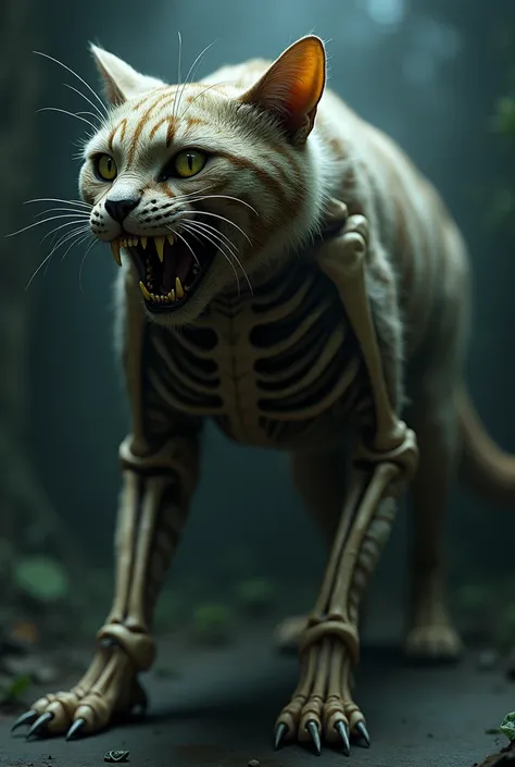 Big, creepy cat with a striped coat and a wide smile with an exposed spine skeleton.