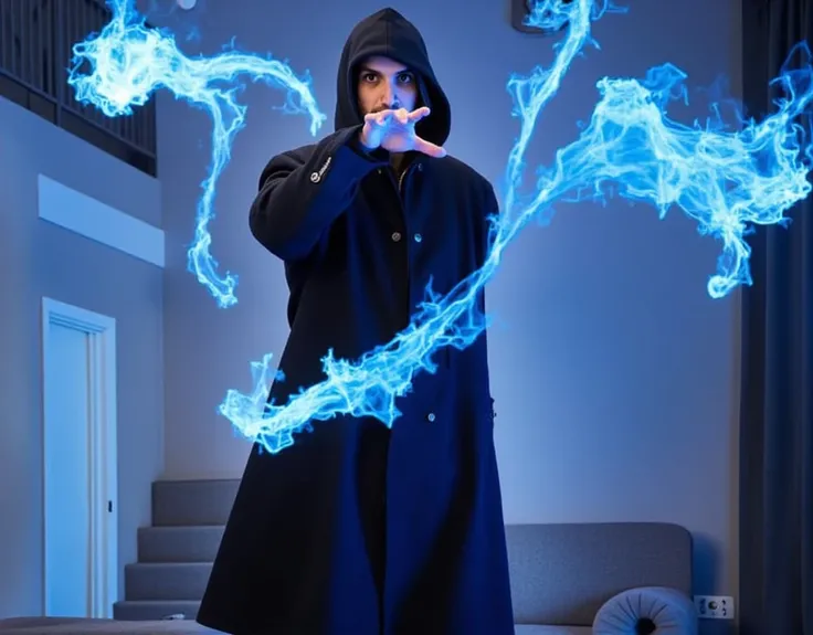 A photography of adrianm, (adrianm:1.5), as a mage, he stands with a magic stick, surrounded by swirling blue energy. The mage wears a long, flowing coat and has a hood, he is ready to attack, low-angle view