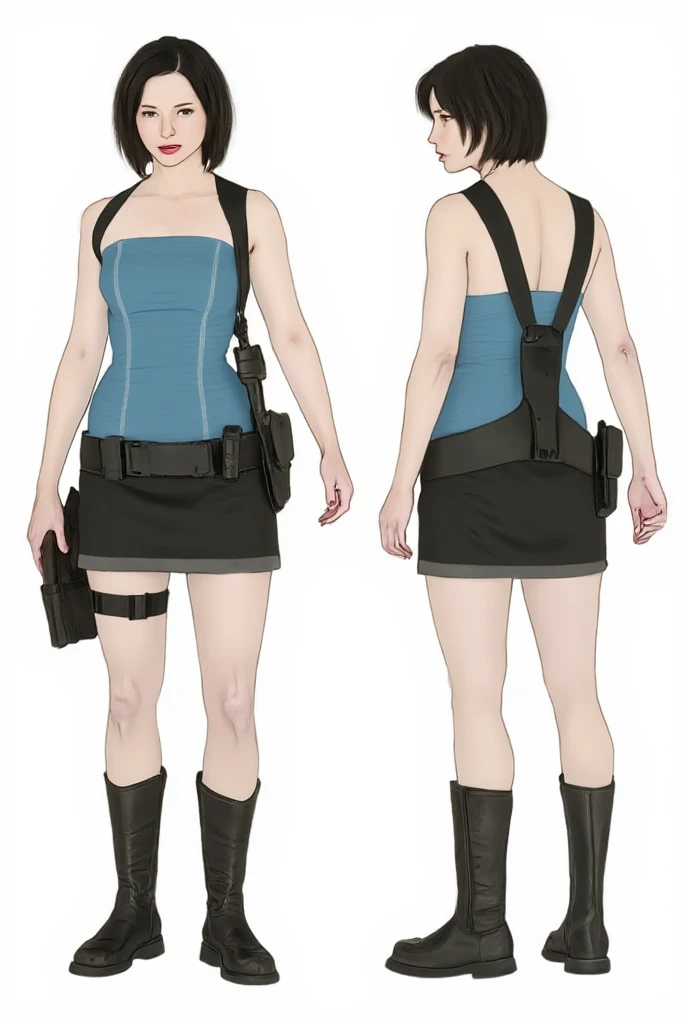 Jill Valentine Resident Evil Apocalypse wearing black boots, black hair, skirt, blue top, "character design", "concept art", "front, back, and side view", empty background.