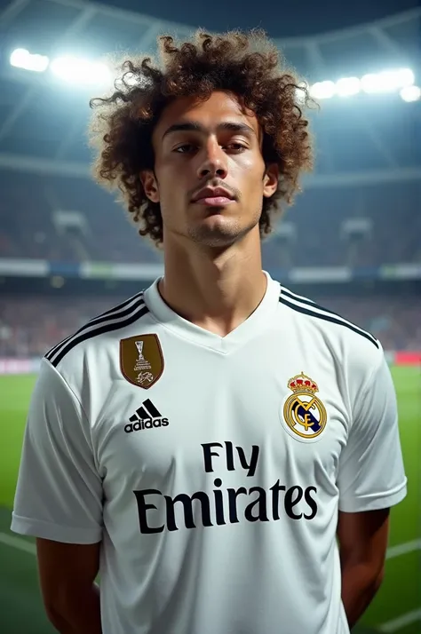 A photo of me wearing real madrid jersey. Football ground behind me. 15 ucl logo on arm. Curly hair. 