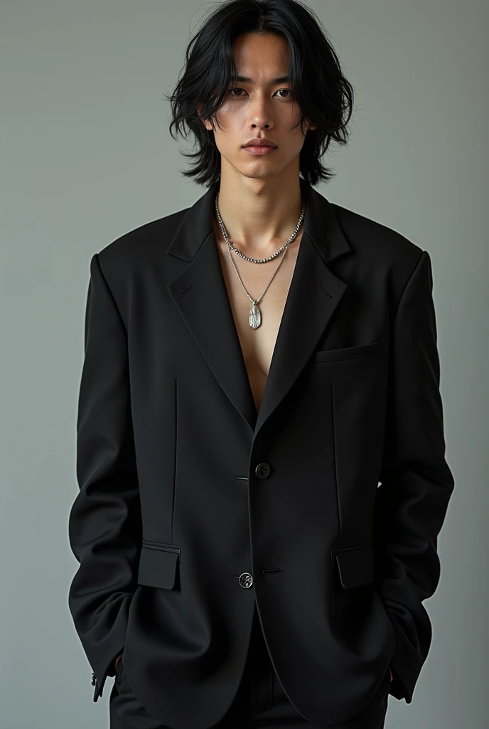 Create a slim man of 172 centimeters , with minimalist clothes without a 25-year-old coat, Wear long black hair up to the middle of the neck,  who wears silver accessories and is of a slim build with an oval face and a slightly droopy nose and tired eyes 