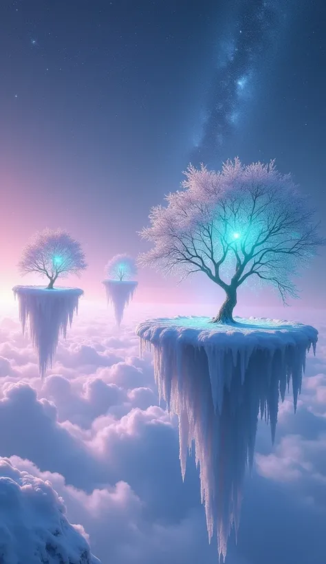 A breathtaking winter scene with floating islands of snow and ice suspended in the sky. Each island has glowing crystalline structures, and streams of starlight flow between them like bridges. Below, clouds are painted in soft hues of lavender and silver. ...