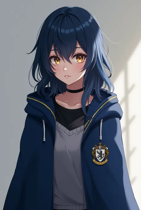 (obra de arte, qualidade máxima, melhor qualidade, Arte oficial, bonito e estético:1.2) A serious, closed-off anime woman who studied at Hogwarts, with dark blue hair, golden eyes, fair skin, dressed in a ravenclaw cloak, a gray sweater, a black t-shirt un...