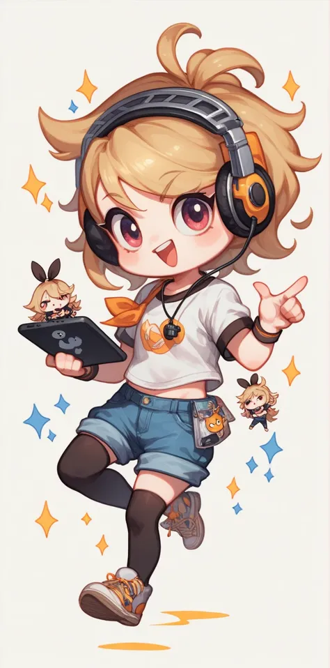 cartoon girl with headphones and a tablet pointing at something, full body!, in an anime style, full_body!!, ecchi anime style, with headphones, with head phones, chibi style, cel shaded!!!, unknown artstyle, thicc, jaidenanimations, chibi, anime moe artst...