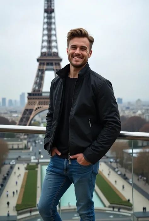 Handsome guy mas kulin age 21 years old sweet smile indonesia wearing black jacket jeans white shoes standing on efel tower realistic original photo