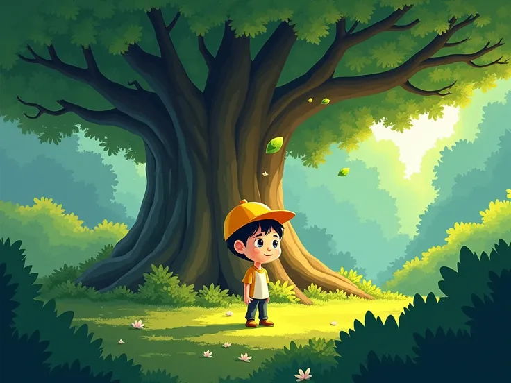 Picture of a boy wearing a yellow hat ,  standing under a canopy of trees in the forest, There is 1 old tree , simple drawing