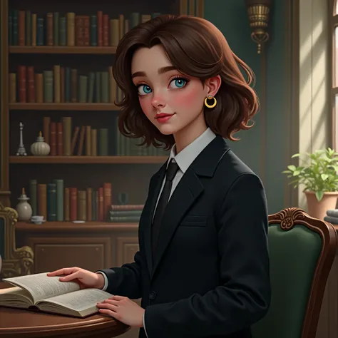  Light Blue Eyes ,  Brown Hair ,  facing sideways,  Small Crescent Earrings,  Bookroom,  read a book ,  Character Design , Harry Potter,  Magic World , Black suit, Virtual