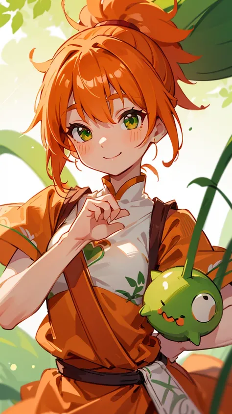  1 girl、8k、 sharp focus、(Bokeh) ( top quality ) ( detailed skin:1.3) ( Intricate Details) (anime)、 orange clothes 、 orange hair、 ponytail、Beautiful green eyes、 wicked smile、 loincloth、Shrimp mascot、 upper body closeup