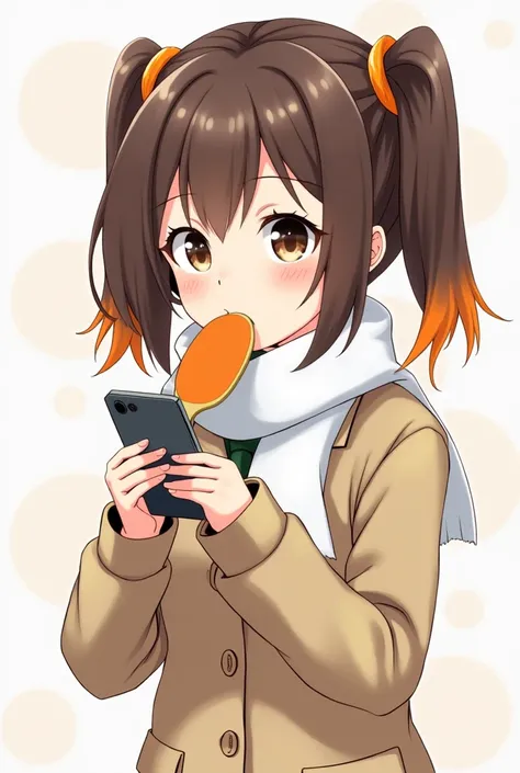  Anime girl with brown hair with orange tips , brown eyes,  wears a white scarf with a beige school uniform, His hair is tied up in two small tails ,  he has a serious expression while eating a paddle while playing on his phone, And the drawing style is fr...