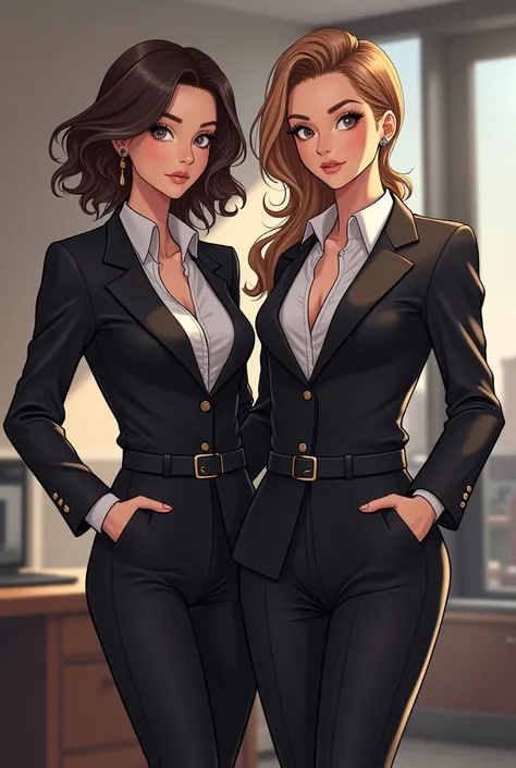 Unique aesthetic Logo for business finance with brandy luxurious models wearing trendy clothes both female in skintight shirt tucked in skintight pants and black belt, open jacket, unbuttoned suit , and studying for work anime.