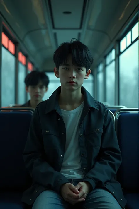 A boy is in an empty bus and a little behind him sits another boy who looks just like him. And shes smiling. The weather on the bus is haunted