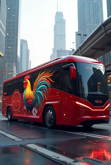 Image and design of a last-model futuristic red metallic bus with a drawing of a rooster in color 