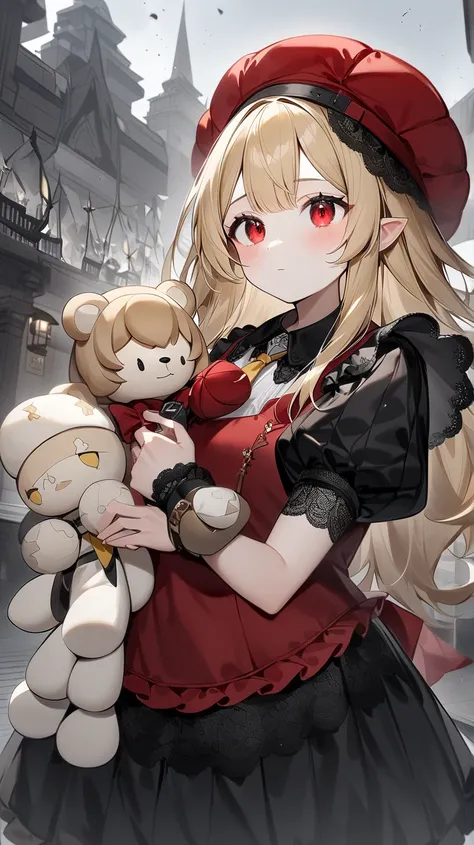  1 girl,  flannel scarlet ,  Toho Project , hat, hatทรงกลม, alone, Blonde hair,  stuffed doll , vestสีแดง, wing,  stuffed animal doll , Teddy bear ,  red-eyed, crystal, vest,  White Jewelry, outdoor, Short sleeves, Look up,  Holding in Hand , Puffy arms, s...