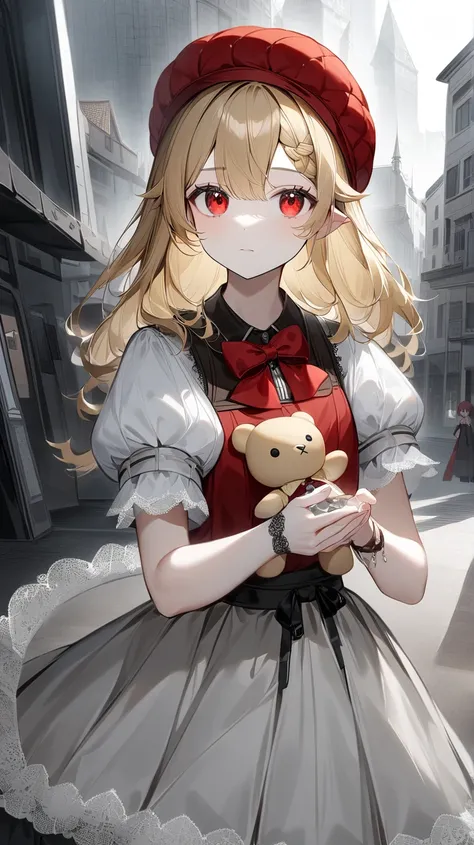  1 girl,  flannel scarlet ,  Toho Project , hat, hatทรงกลม, alone, Blonde hair,  stuffed doll , vestสีแดง, wing,  stuffed animal doll , Teddy bear ,  red-eyed, crystal, vest,  White Jewelry, outdoor, Short sleeves, Look up,  Holding in Hand , Puffy arms, s...