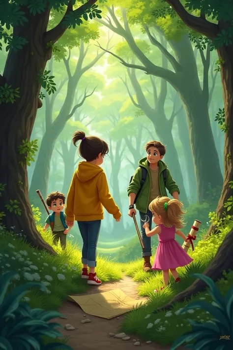 The scene is in a forest with tall, leafy trees and scattered sunlight creating dappled patterns on the ground. Emma leads the group, holding the map, her yellow hoodie standing out against the greenery. Jake follows closely, his green eyes scanning the su...