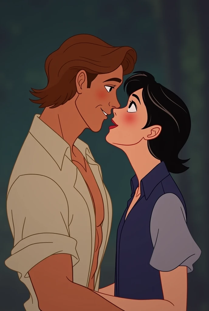 Create a male Disney character with brown hair with a hard penis and another male character sucking his penis 