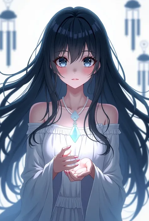 mystical anime The goddesss black hair fluttered in the wind black eye hand holding a glowing white pendant Pure white background Wind chimes in the back