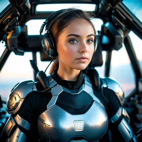 Highly detailed photo of a Women, SF soldier, 30yo, (Mech warrior of women mercenary, (body armor on bodysuit)), sitting like a queen, Stately and dignified, Very dissatisfied look, (headset, Powerful and beautiful eyes, (female bodybuilders body), 8K Ultr...