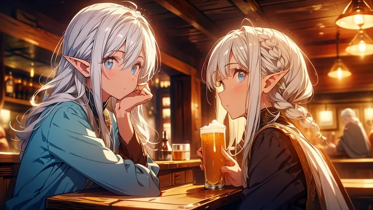 white hair Elf adventurer enjoying beer on tavern bar with dim light
