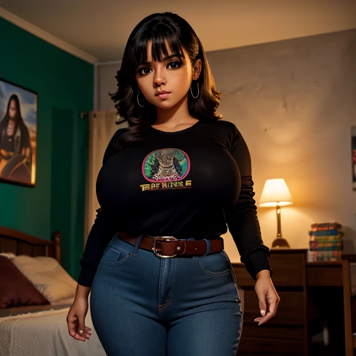 Dark nightmarish mexico movie style, a petite cute shy innocent skinny with monstously huge fat size breasts Mexican nerdy emo teen, short volumetric hair, beautiful detailed brown eyes, cutely detailed lips, super cute highly detailed eyes and face, round...