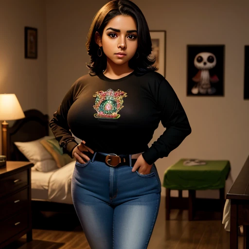 Dark nightmarish mexico movie style, a petite cute shy innocent skinny with monstously huge fat size breasts Mexican nerdy emo teen, short volumetric hair, beautiful detailed brown eyes, cutely detailed lips, super cute highly detailed eyes and face, round...