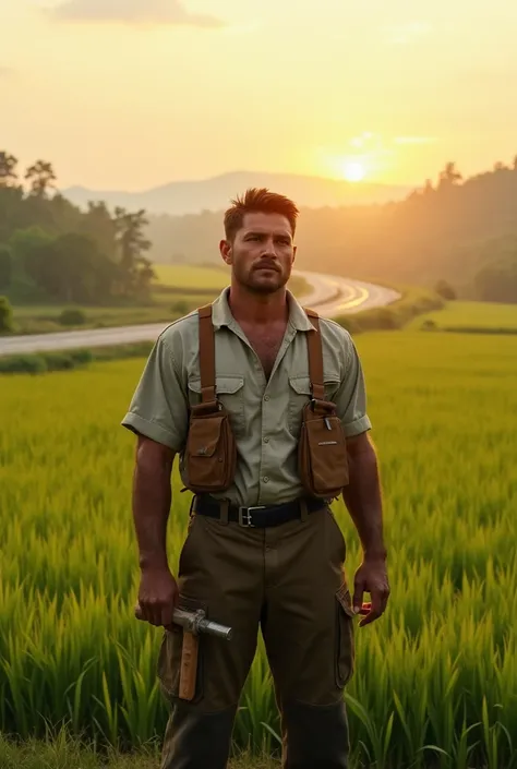 Young man 35 years old road construction worker with highway background in the middle of a rice field