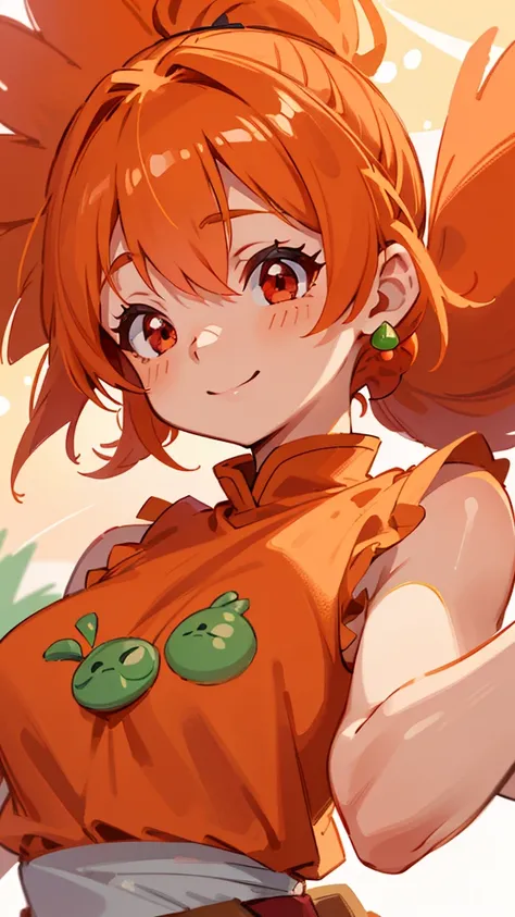  1 girl、8k、 sharp focus、(Bokeh) ( top quality ) ( detailed skin:1.3) ( Intricate Details) (anime)、 orange clothes 、 orange hair、 ponytail、Round red eyes、 wicked smile、 small breasts、 sleeveless clothes、 loincloth、Shrimp mascot、 upper body closeup