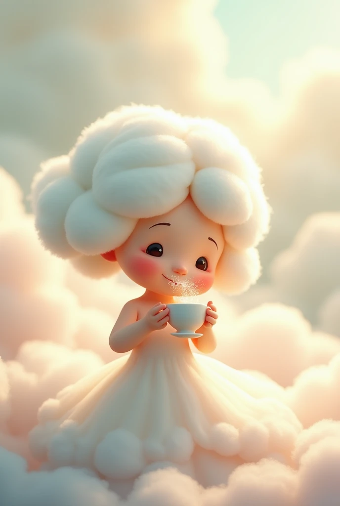 A realistic cartoon animation of a charming white cloud girl drinking tea logo