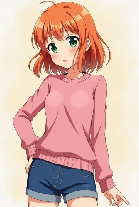 Anime girl. 

 Her hair is somewhat straight ,  with wavy tips .  Her hair color is orange. 
his eyes are green. light skin. 

cuerpo normal. medium shoulders, medium bust,  small waist,  wide hips , slightly thick thighs .

short pink sweater , short blue...