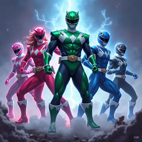 cover of a comic book featuring a group of Five Power Rangers in action. The Green Power Ranger is leading the team, The Red Power Ranger ,  The beautiful Pink Power Ranger ,  the Blue Power Ranger and the Black Power Ranger ,  neon lights blue and magenta...