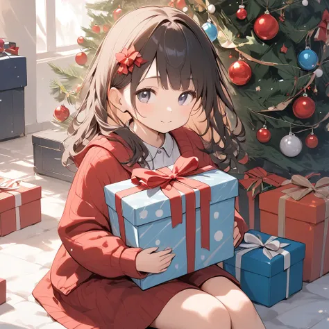 Girl sitting and carrying gift box near Christmas tree 