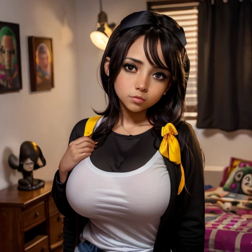 Dark nightmarish mexico movie style, a petite cute shy innocent skinny with monstously huge fat size breasts Mexican nerdy emo teen, short volumetric hair, beautiful detailed brown eyes, cutely detailed lips, super cute highly detailed eyes and face, round...