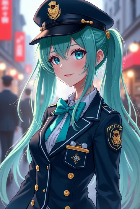 girl, anime,  sky blue eyes,  navy green hair , French clothing ,  turquoise clothing, half police 