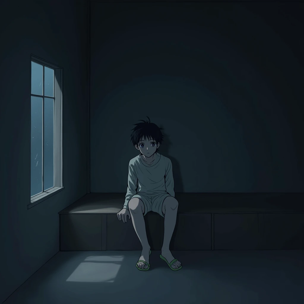 Satoru Gojo animated anime teenager sitting injured and with one eye closed 
calm and tired looking in front of him in an abandoned room as if he were hiding in a terrifying-looking room at night
Sitting on a wall
With my eyes almost closed
with the same c...