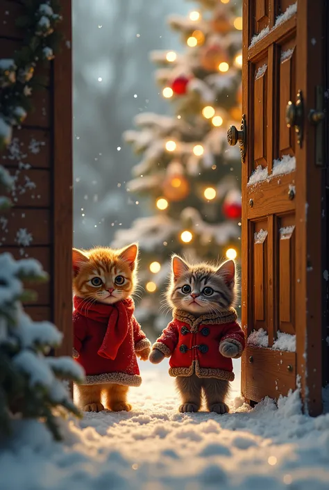 The door opens slowly , memperlihatkan teman-teman anak  CAT  ( a small dog ,  CAT ,  and a small bird )  standing while carrying small gifts and food . They smile cheerfully ,  against the background of snow falling outside . Anak  CAT  melompat kegiranga...