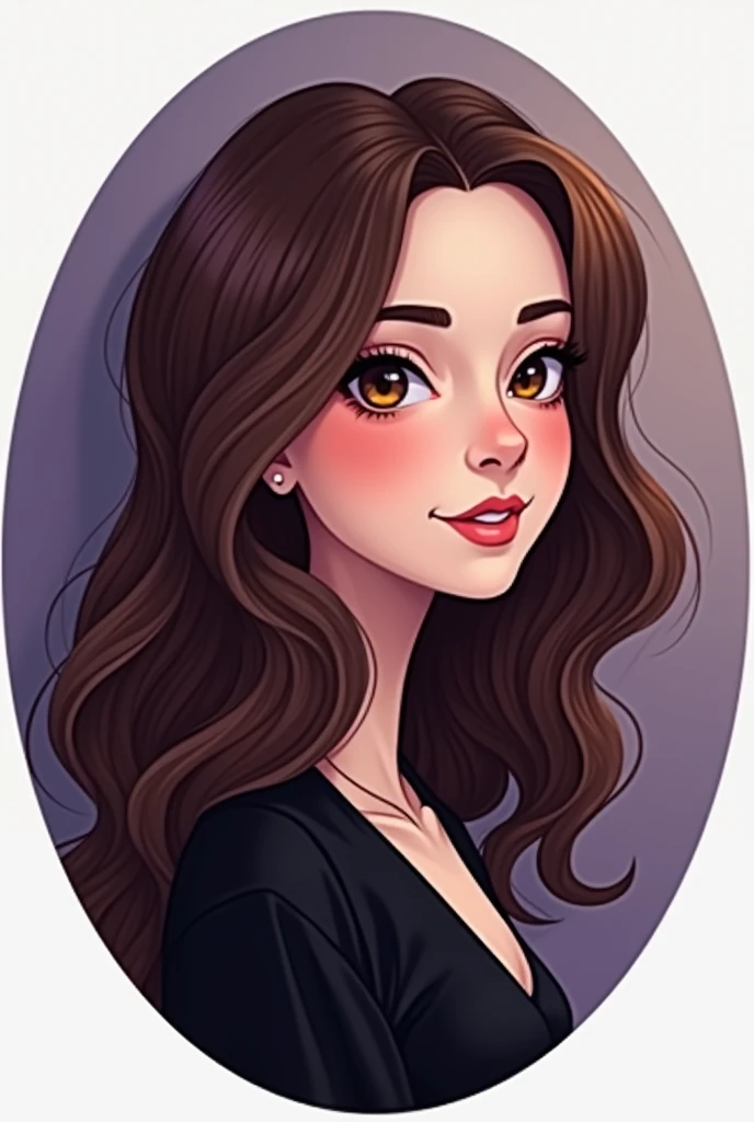 An elegant avatar in a round frame ,  profile depicting a girl with brown wavy hair against a soft gradient of purple and black colors.  The image is combined with radiant eyes and confident ,  with a friendly expression ,  emphasizing sophisticated style ...