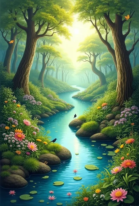 Create a painting of a paradise where there are rivers and lots of nature 