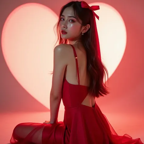 A high-fashion editorial featuring a 20-year-old woman of Asian and Slavic descent, styled in a sleek crimson satin mini dress with delicate ribbon straps that cascade down her back, creating an elegant, flowing effect. The hemline of the dress is asymmetr...