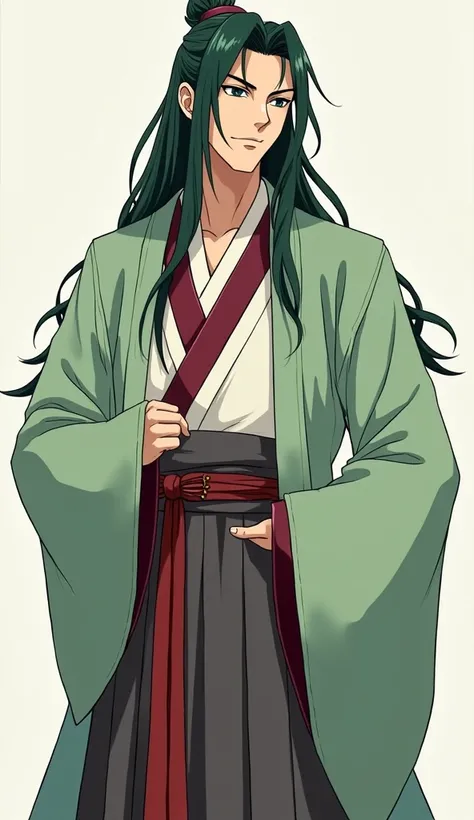  Classic anime style physical description :  tall and elegant,  with dark green long hair ,  dark blue eyes and Asian features .  He wears a traditional Hanfu aoqun with light green tones, burgundy and white .
