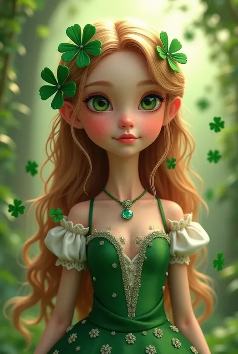  Irish girl wearing clover theme gown and glass slippers silver clover hair piece clovers falling around