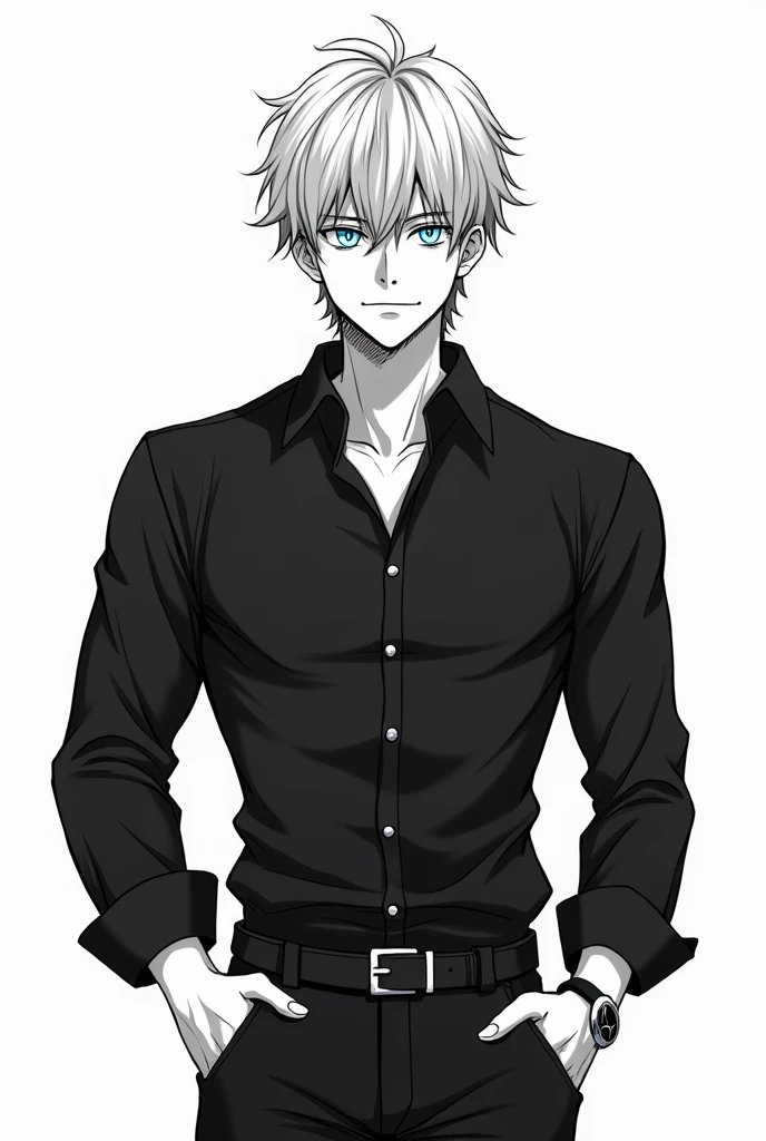 a drawing of a man with a black shirt and a black shirt, lineart inspired by Sadamichi Hirasawa, pixiv, shin hanga, tall anime guy with blue eyes, handsome anime pose, muscular! white, most strongest pose, genos from one punch man, handsome saitama, muscul...